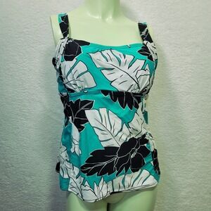 St. John's Bay Black/ White & Gray Plant Leaves Design Tankini Top Size 14 NWT